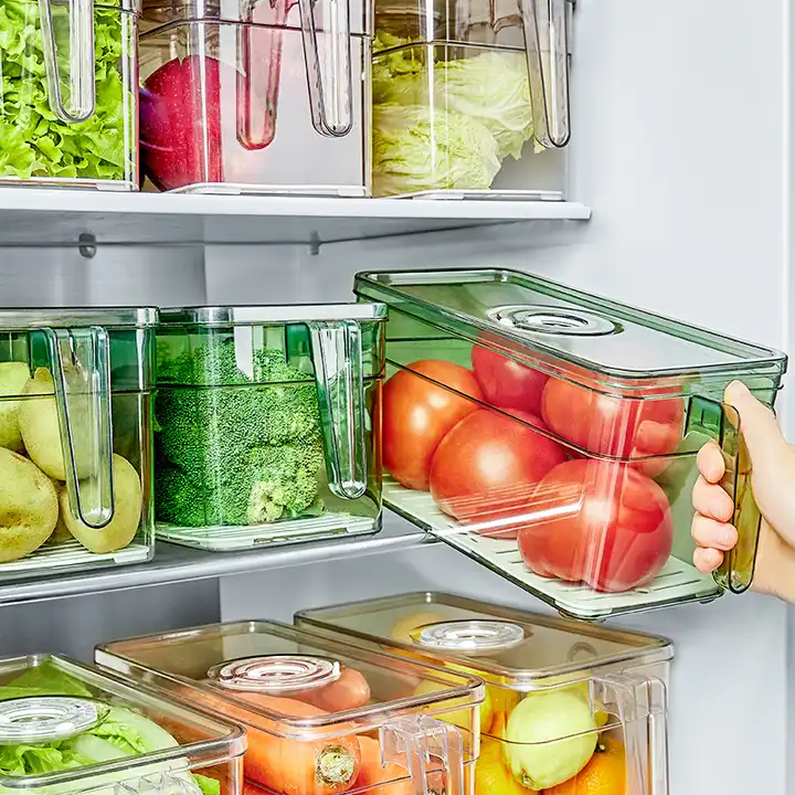 Scatola portaoggetti per frigorifero per alimenti vegetali in plastica PET impilabile