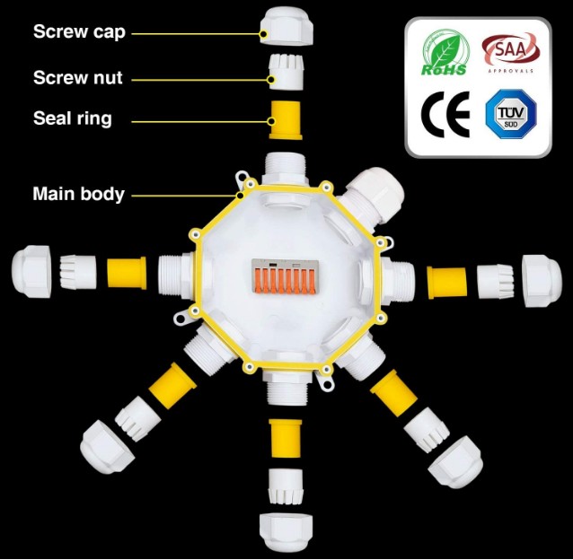 M686-O items Outdoor Cable Connector Electrical 7 Way Junction Box IP68 Waterproof White External Electric with Quick Terminal Block 
