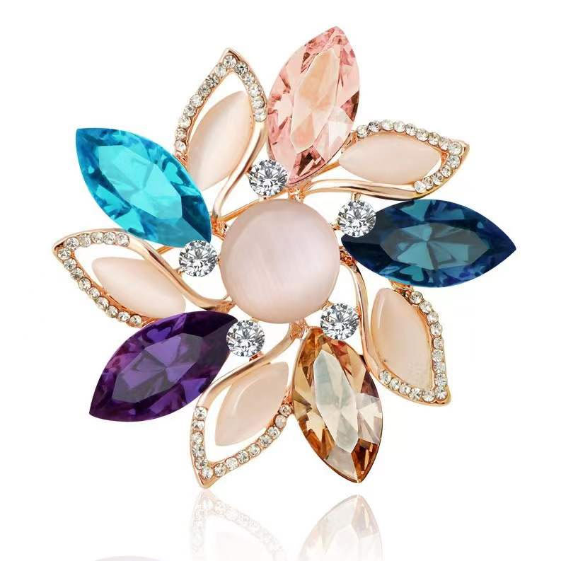 Colored Crystal Flower Brooch With Diamonds - 1