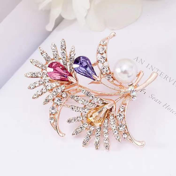 Floral Brooch With Diamonds And Colored Crystals