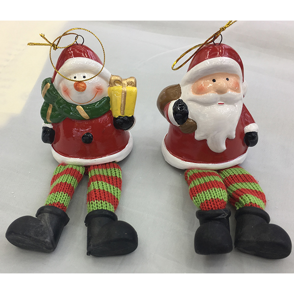 China Colorful Xmas Ceramics Santa Snowman With Fabric Leg Home Decor Hanging Ornament