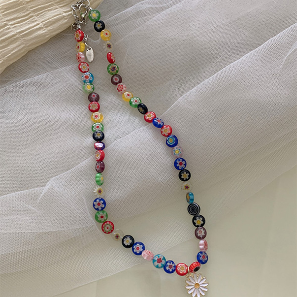 Colorful Beads Printed Daisy Necklace