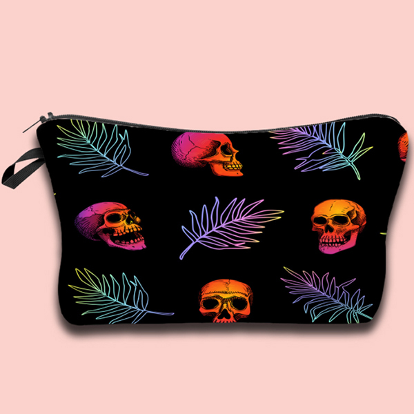 Colorful Skull And Leaf Pattern Cosmetic Bag