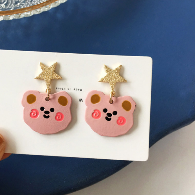 Cute Pink Bear Earrings With Glitter Five-pointed Star