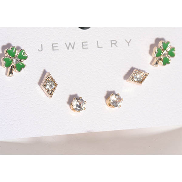 Diamond And Green Flower Earring Set