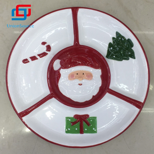 Dinner Round Keramik 4 Kompartemen Snack Serving Tray Kanggo Xmas Divided Tray Christmas Plate - 1