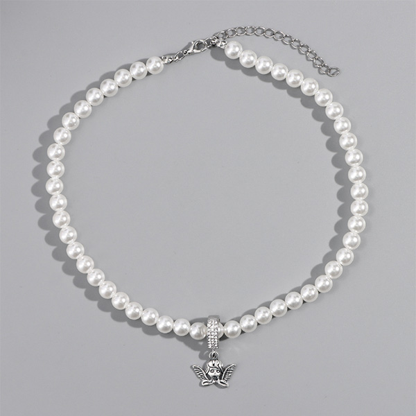 Full Pearl Necklace With Angel Pendant