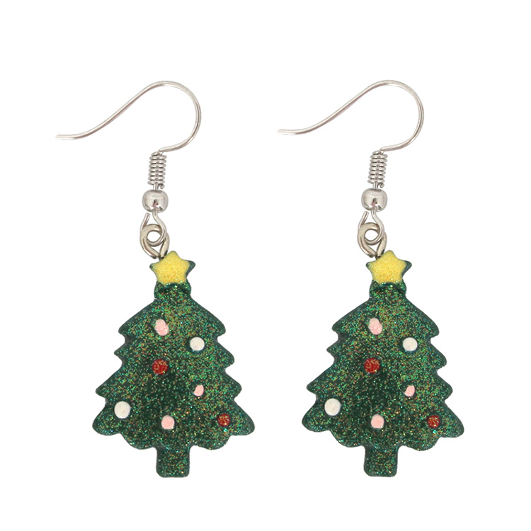 Green Christmas Tree Earrings With Glitter
