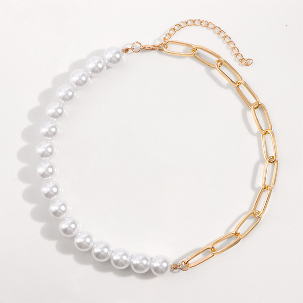 Half Pearl And Half Gold Paper Clip Temperament Necklace