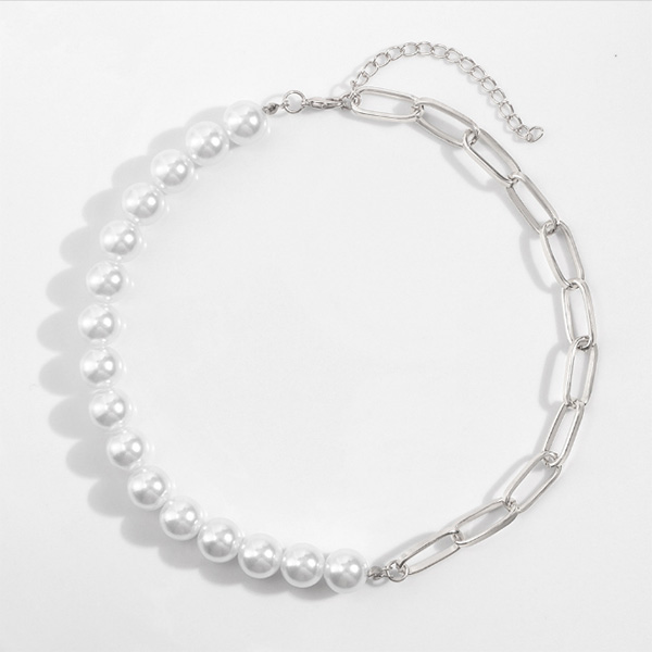 Half Pearl At Half Silver Clip Temperament Necklace