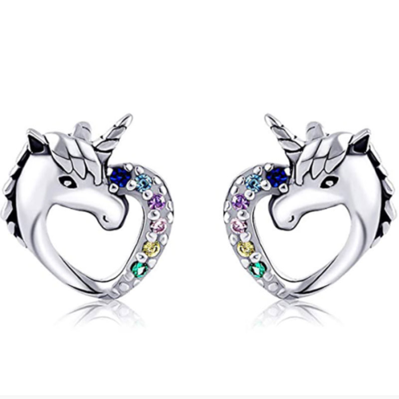 Love Heart Shaped Colored Unicorn Earrings With Diamonds