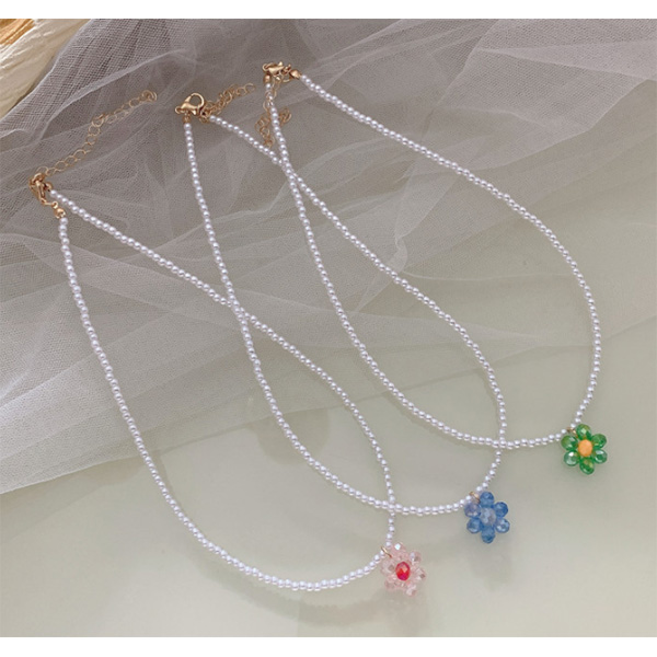 Pearl Necklace With Colorful Acrylic Flowers - 0