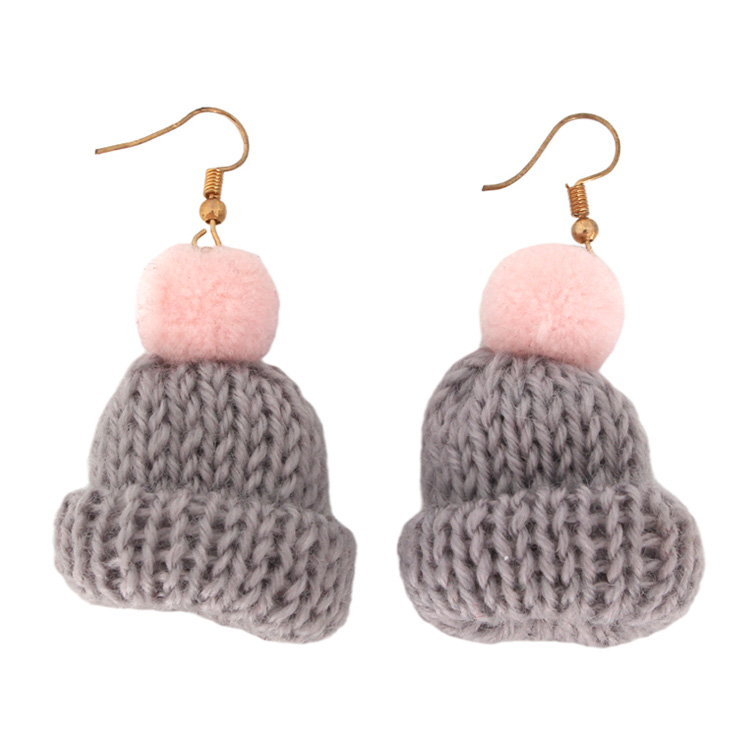 Pink And Grey Knitted Hat Earrings