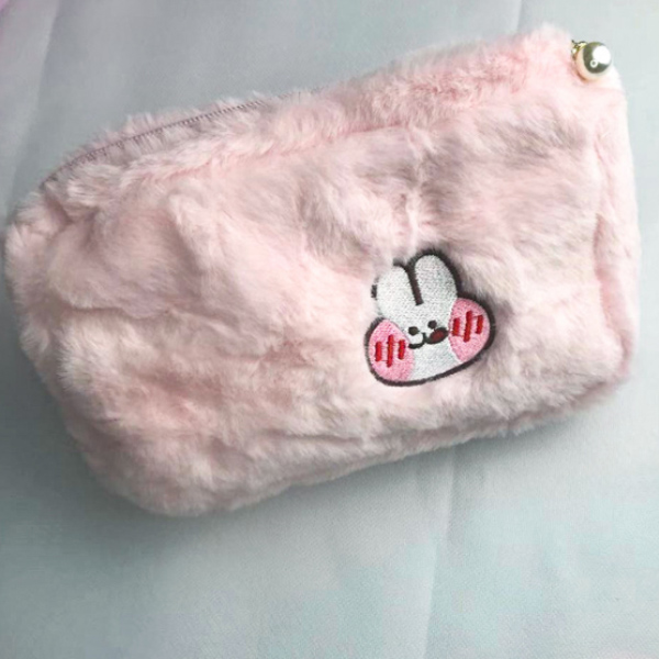 Pink Plush Cute Rabbit With Pearl Zipper Cosmetic Bag