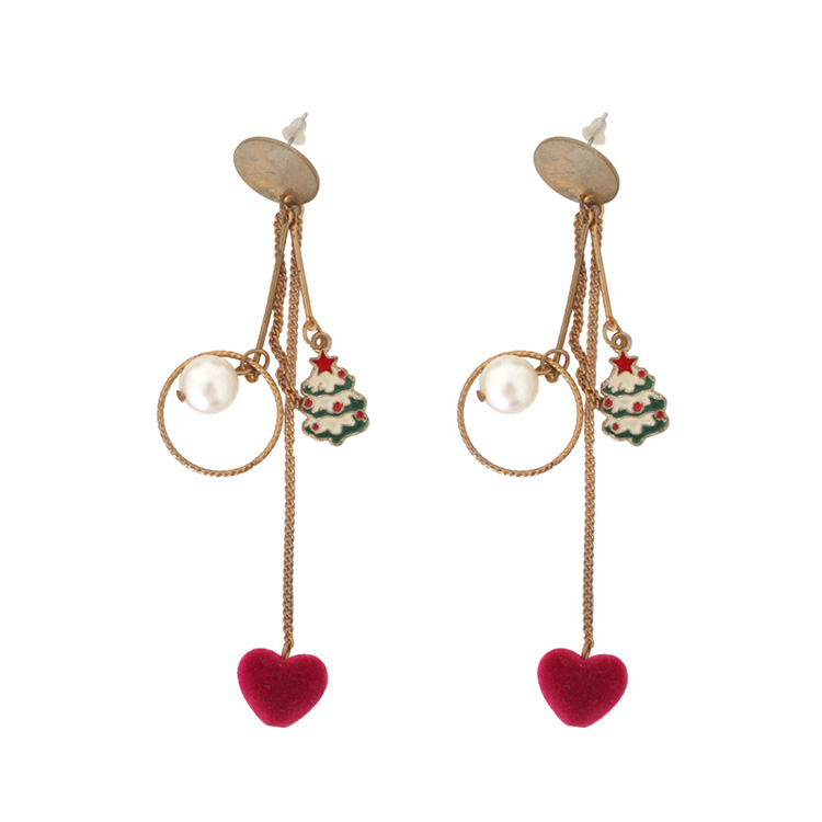 Popular Pearl And Red Heart-shaped Earrings With Little Green Christmas Tree