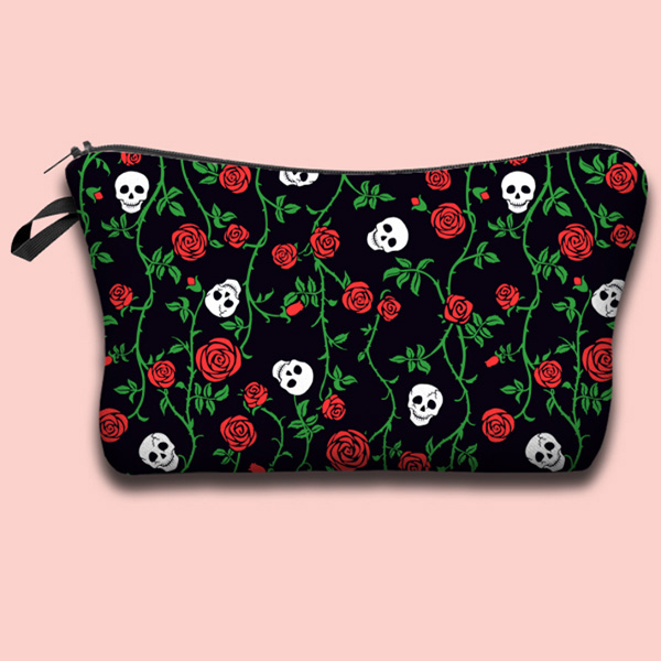 लाल गुलाब और रंगीन प्रिंटेड कॉस्मेटिक बैग