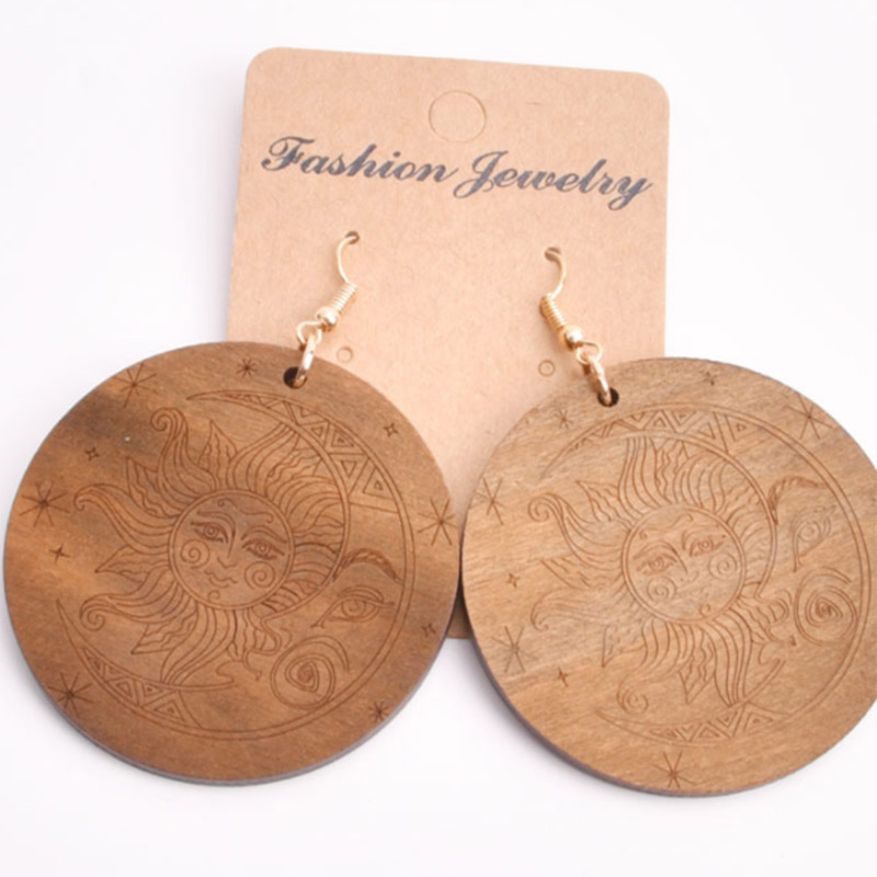 Round Wooden Earrings With Sun And Moon Printing