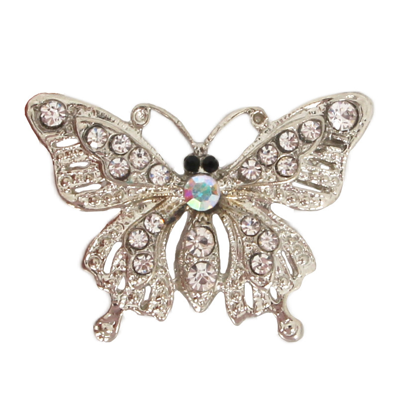 Silver Butterfly Brooch With Colored Diamonds - 0