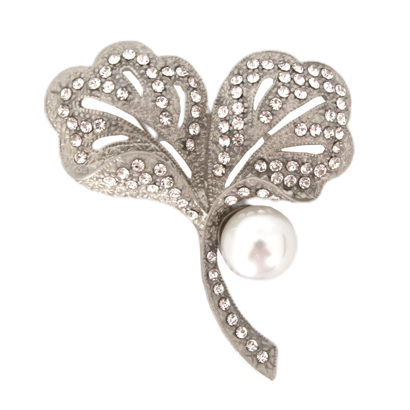 Silver Leaves With Diamonds Brooch