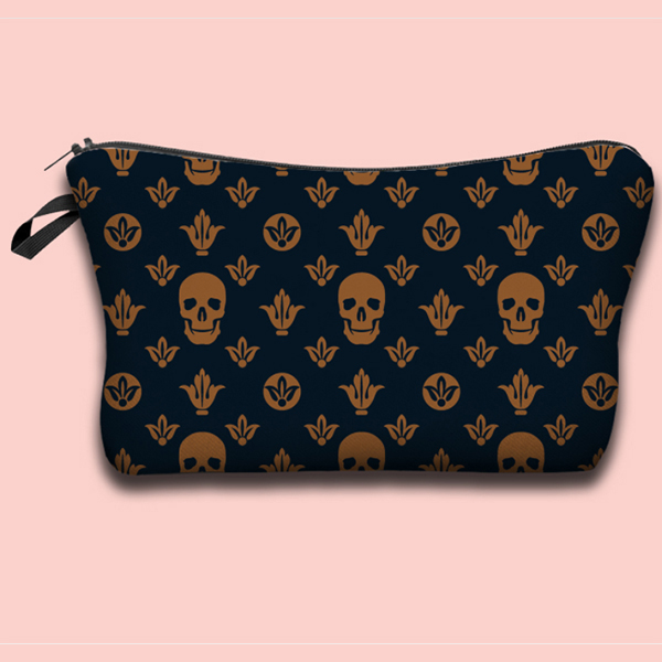 Skull And Flower Printed Cosmetic Bag