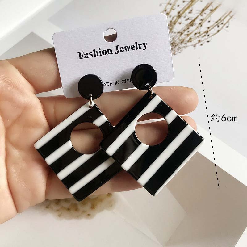 Square Earrings With Black And White Stripes
