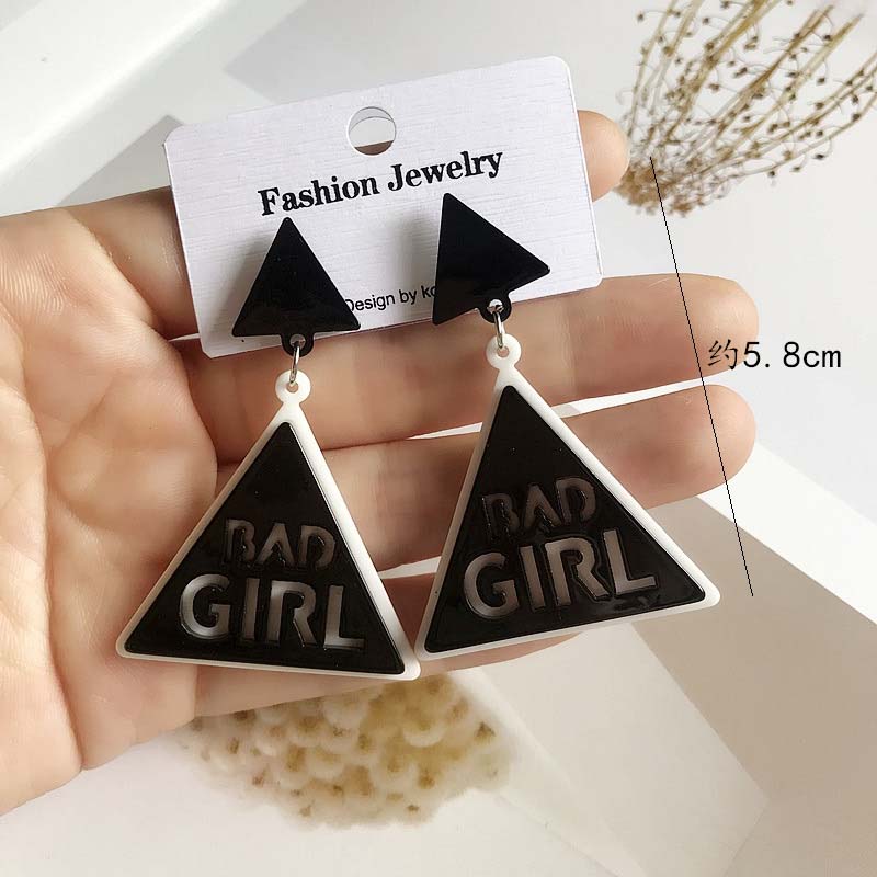 Triangle Black Background Earrings With Simple Design And Lettering
