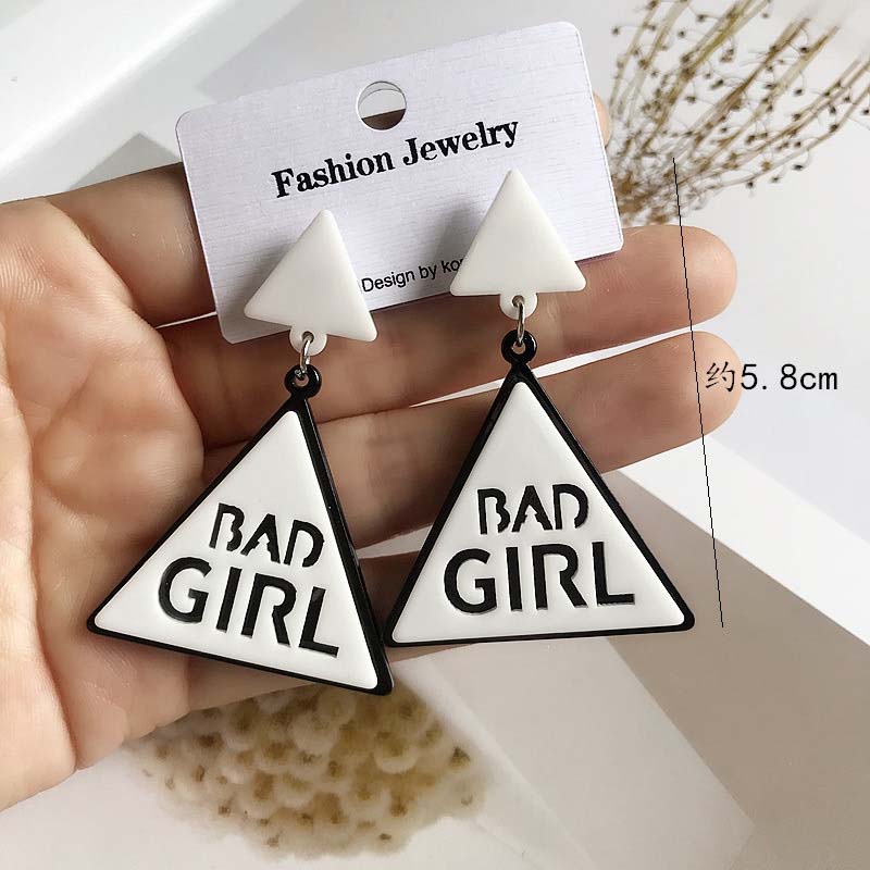 Triangle White Background Earrings With Simple Design And Lettering