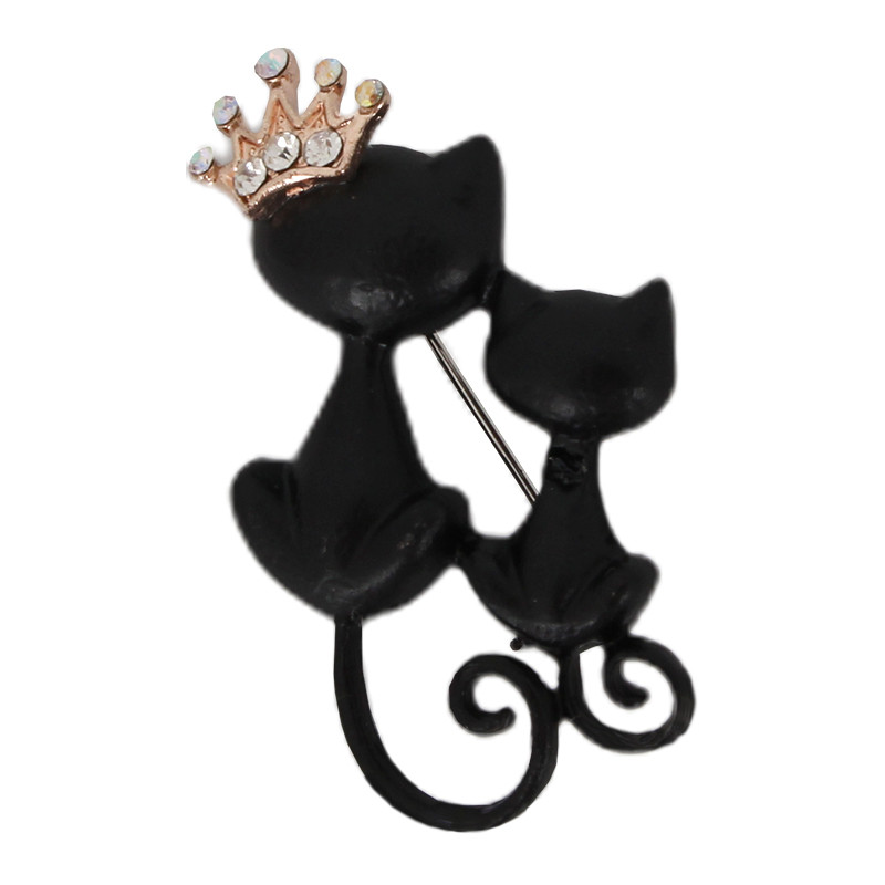 Two Black Cats Wearing Colorful Diamond Crowns Brooch