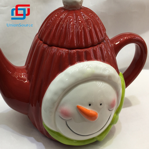 Vánoční keramický džbán na mléko s víkem vzor sněhuláka domácí dekorace červená barva na prodej - 1 
