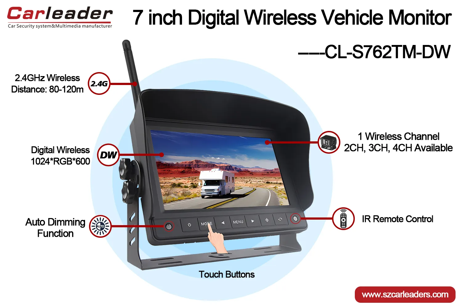 Monitor de coche inalámbrico digital de 7 pulgadas