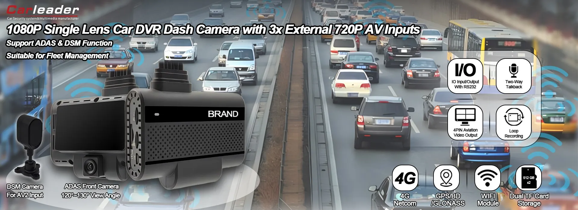 1080P Single Lens Car DVR Dash Camera se 3 externími 720P vstupy