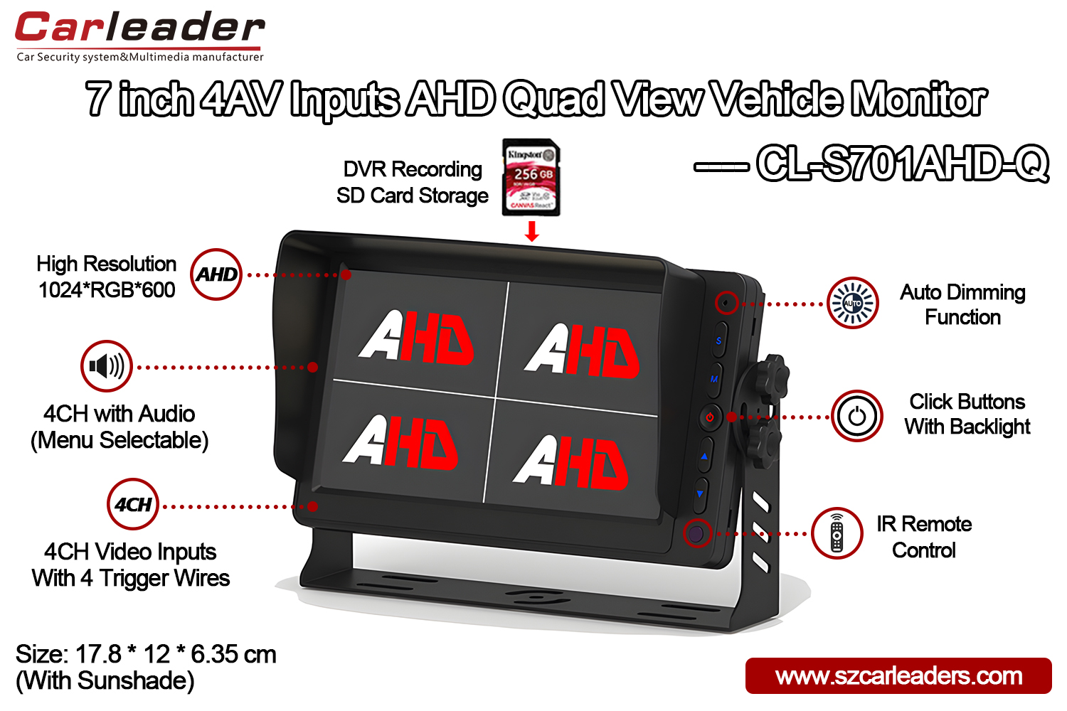 AHD quad view car monitor