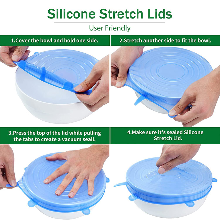 6 Pack Food Storage Cover Silicone Stretch Lids - 3 
