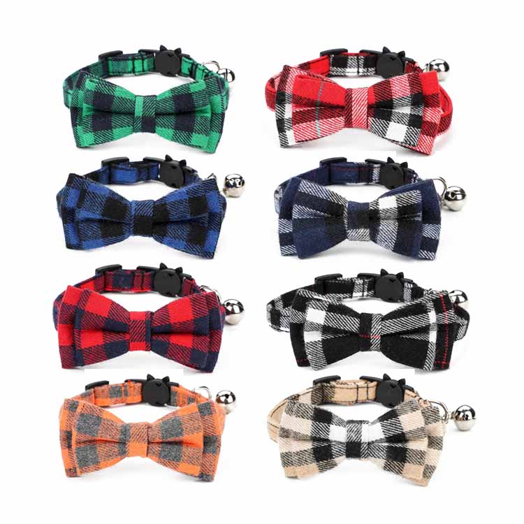 Adjustable Plaid Dog Bow Tie Collar with Bell