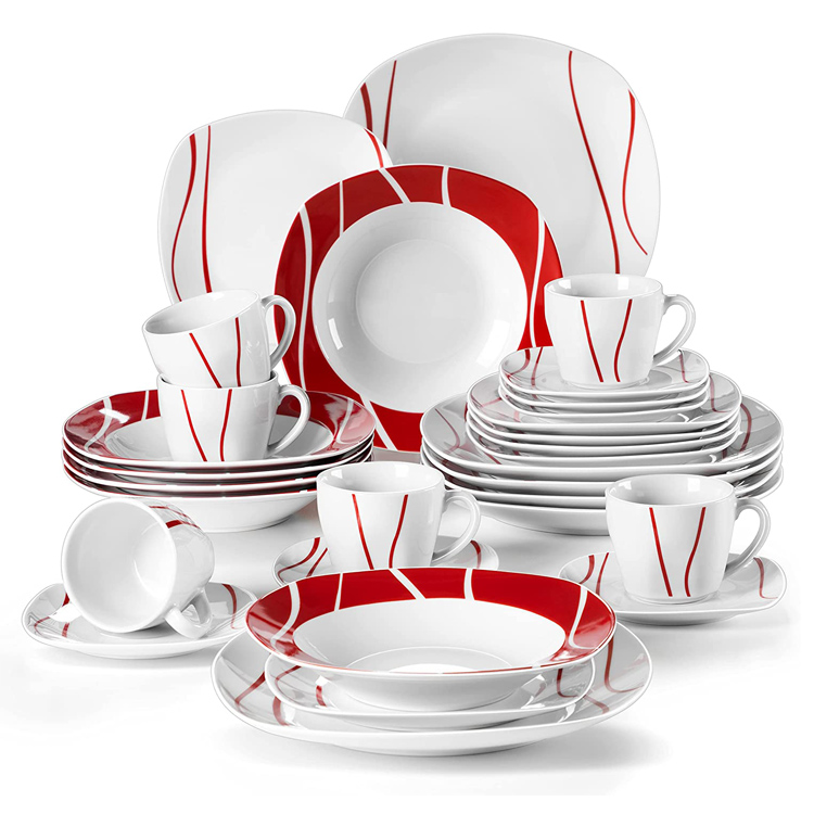 High Quality Luxury Red White Porcelain Dinnerware Sets