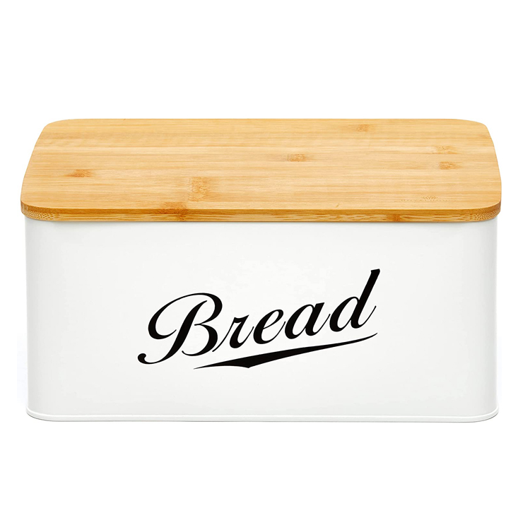 Caixa de pão de metal moderna com tampa de bambu