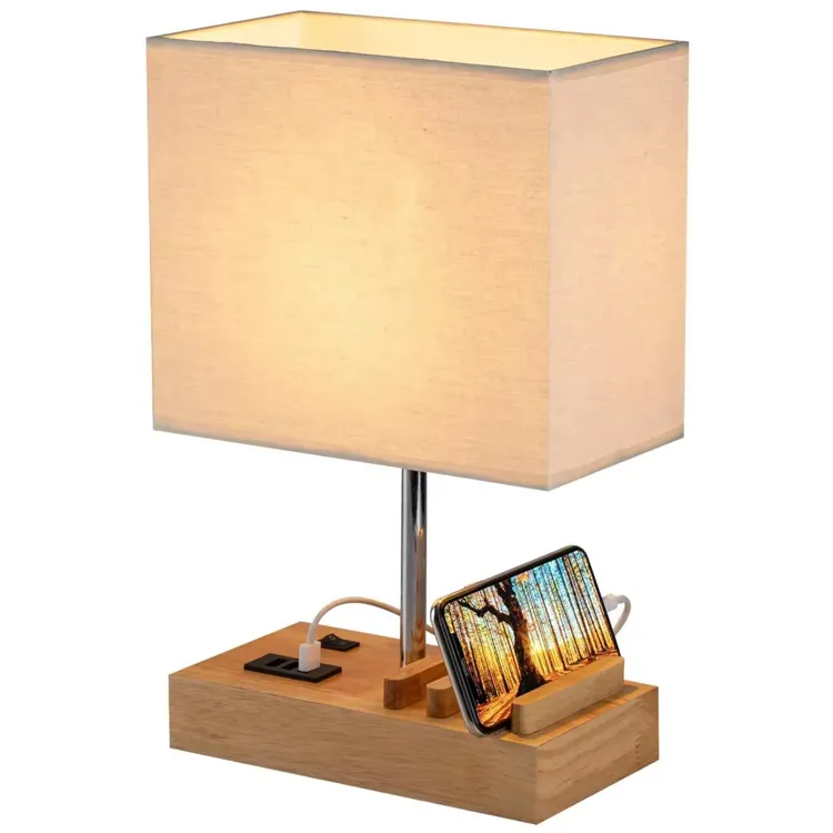 Modern USB Charging Port Base Wooden Hotel Table Lamp