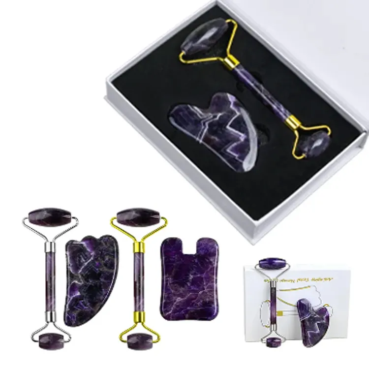 Natural Amethyst Jade Roller And Gua Sha Facial Massager Set