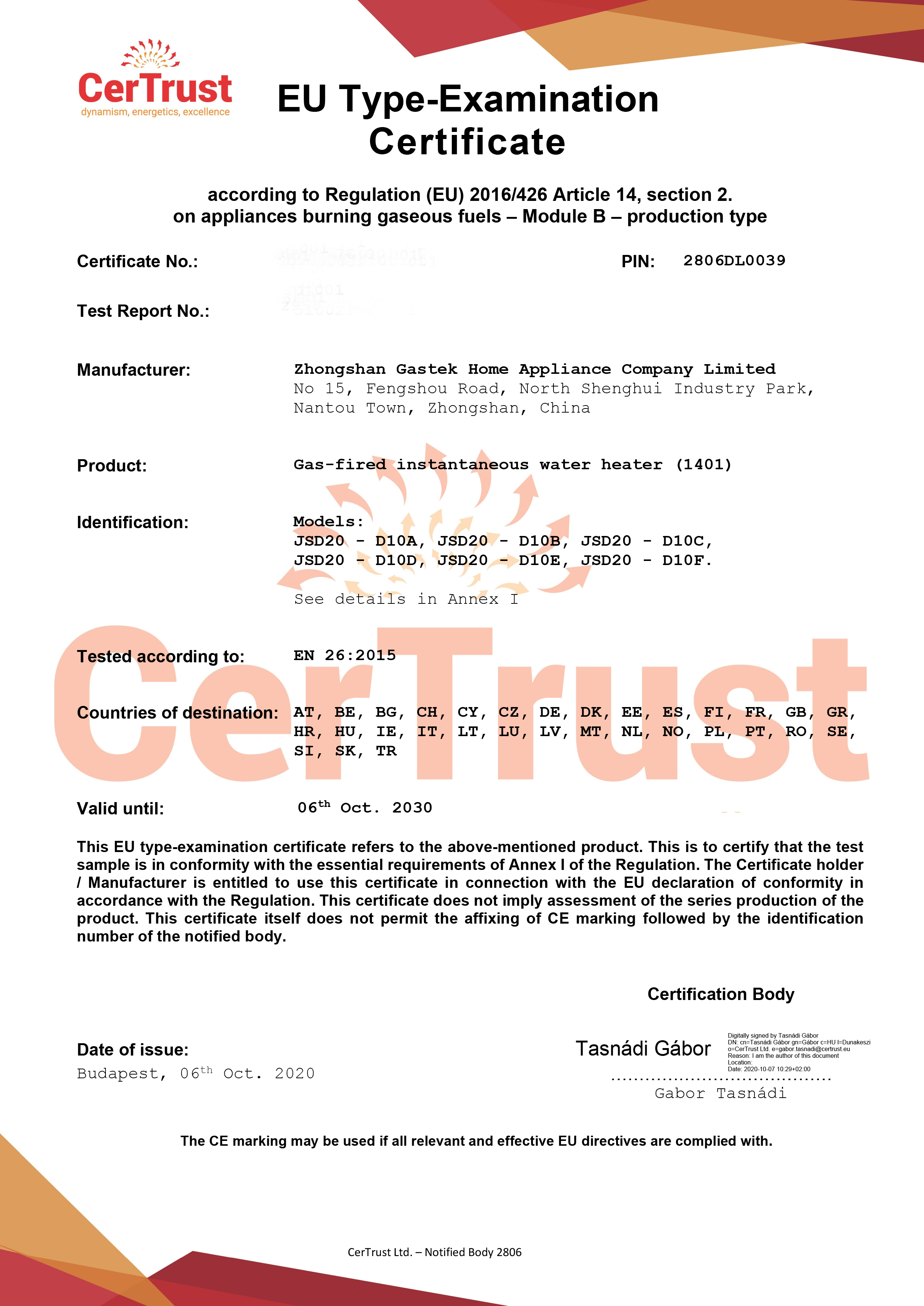 Gastek a obtenu le certificat CE de chauffe-eau à gaz en octobre