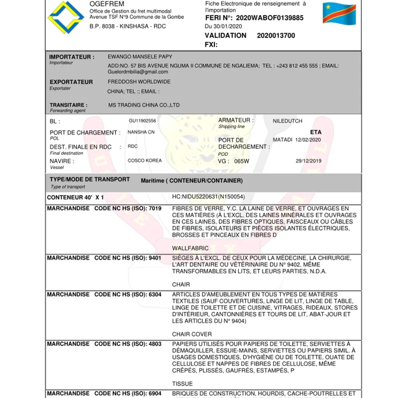 FERI (Fiche Electronique de Renseignement a L' importation)