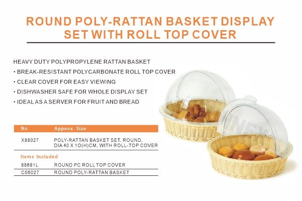Round poly-rattan basket display set with roll top cover