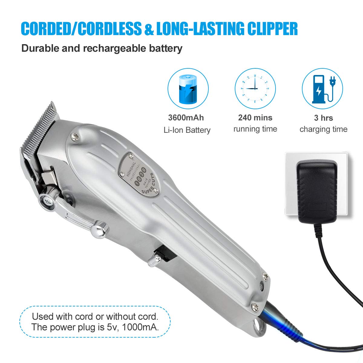 3600mAh Cordless Hair Clippers Stainless Steel Housing - 1 