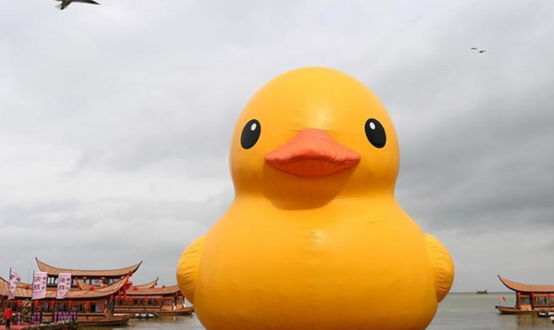 Giant Rubber Duck trasker inn i Kunming, SW Kina