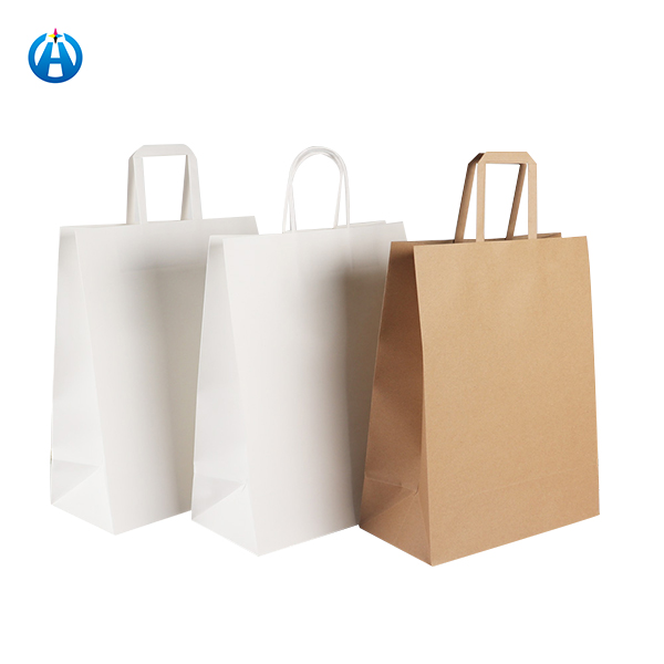 Biodegradable Paper Bag Take Away Brown Flat Handle Kraft Paper Shopping Bag With Logo