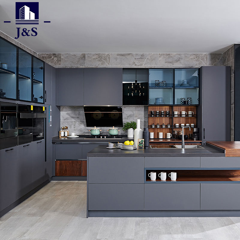 Overhead Gray handless Built in Kitchen Cabinet
