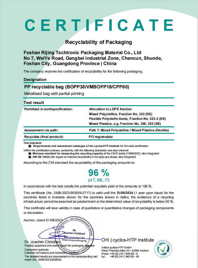 RJ PACK Achieves 100% Recyclable Certification for PP Structure Pouches – A Sustainable Solution for the Future