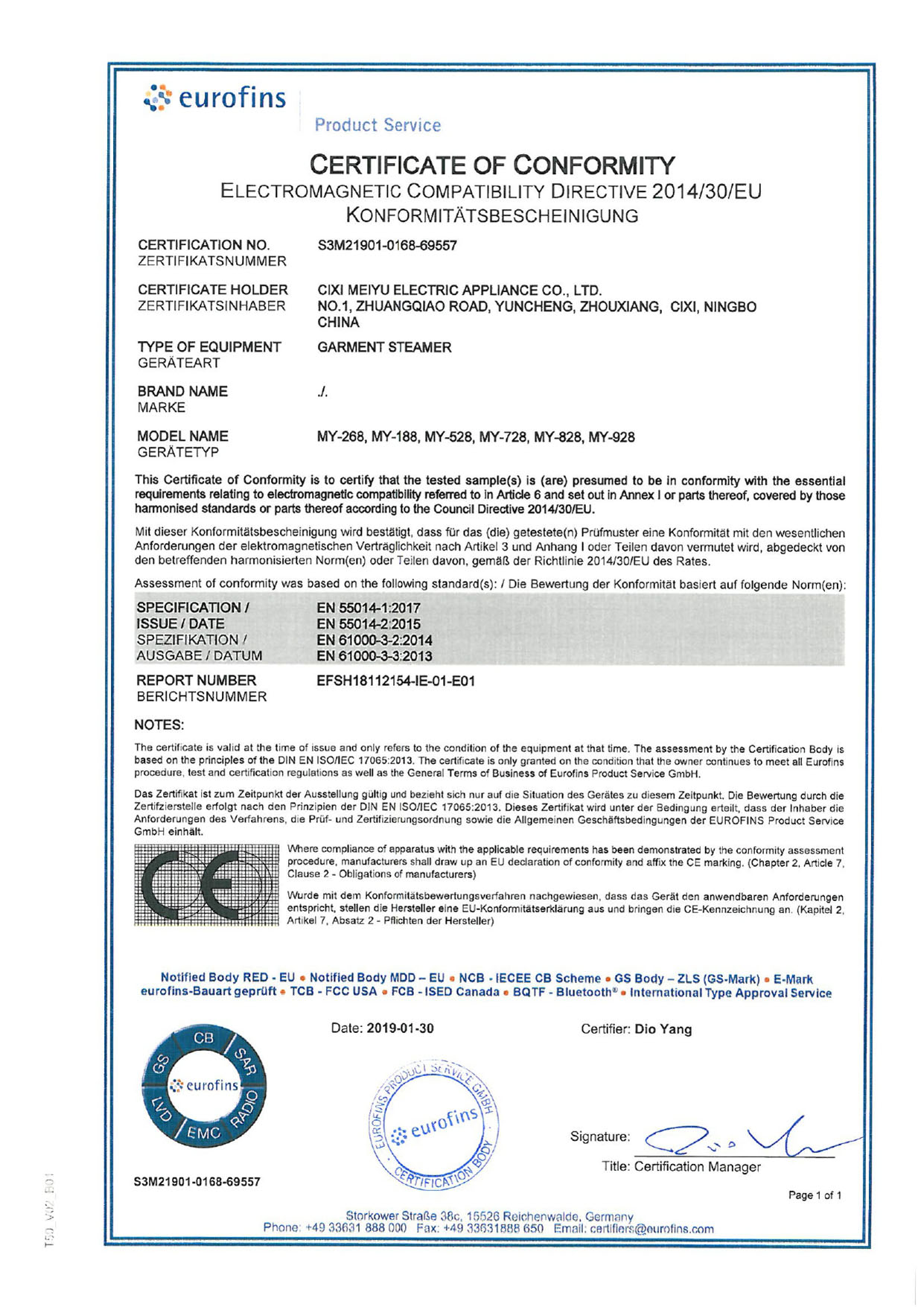 EMC-sertifikaatti S3M21901-0168-69557_EMC CoC