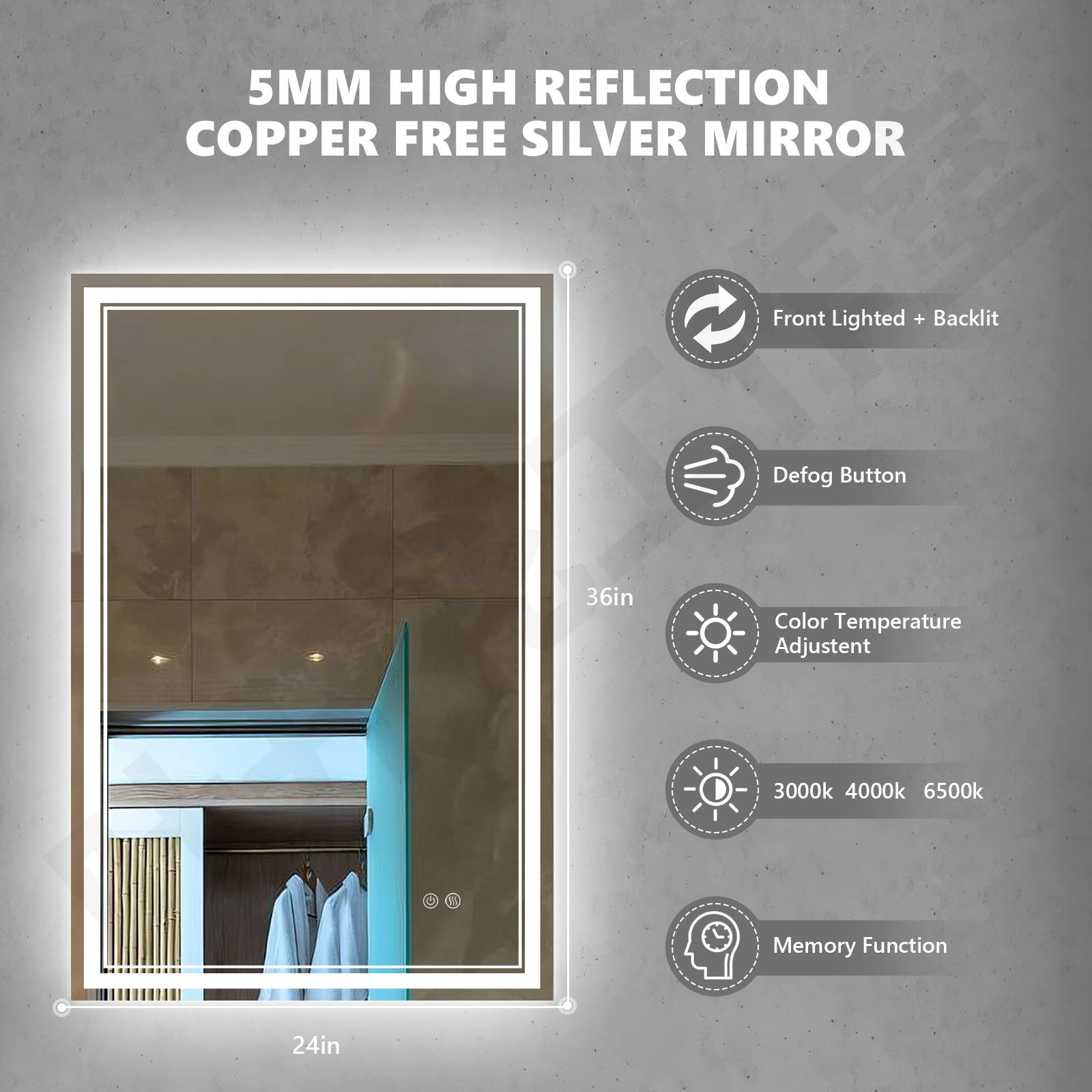 Врућа продаја Предње светло + декоративно правоугаоно ЛЕД огледало за купатило са позадинским осветљењем - 4