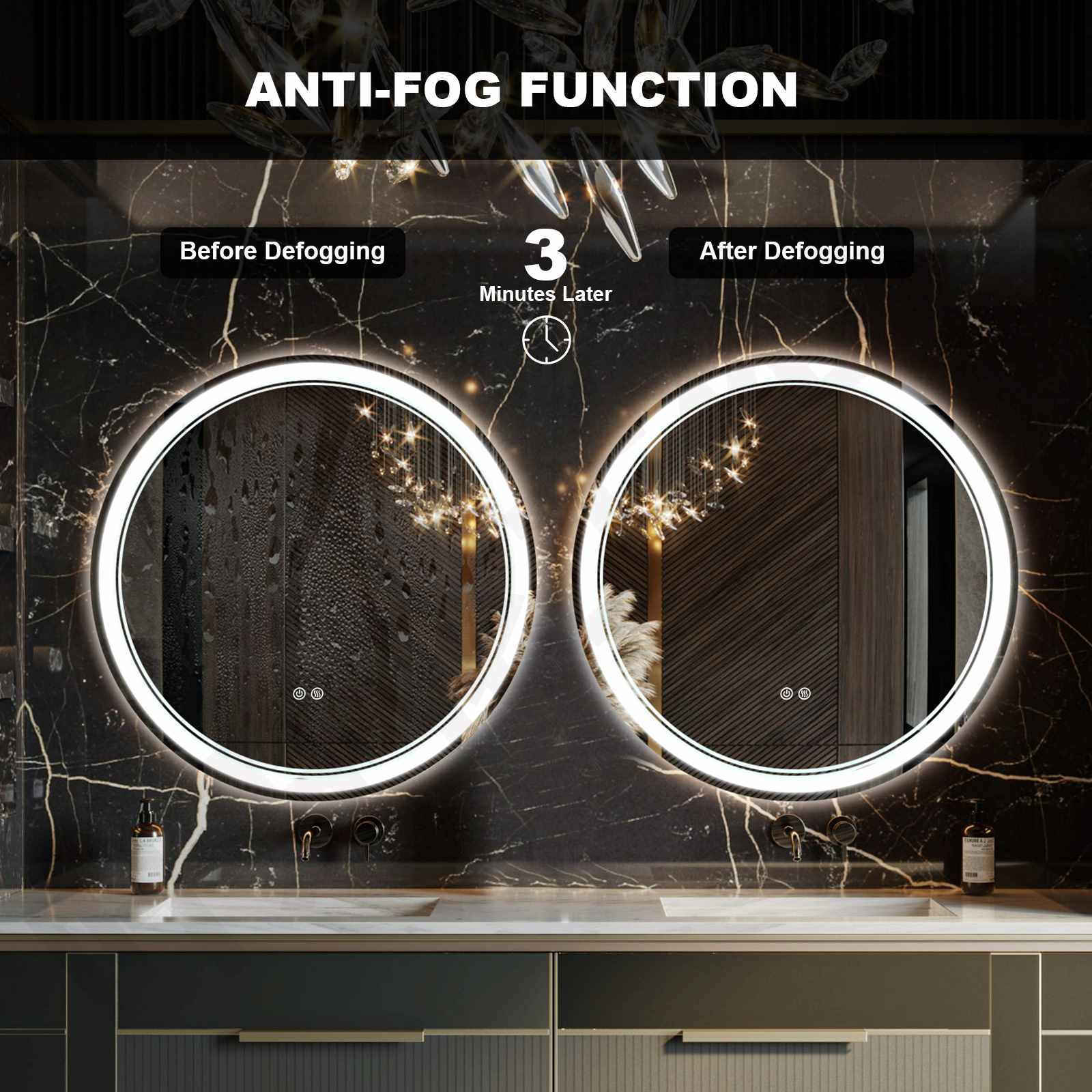 Врућа продаја Предње светло + декоративно округло ЛЕД огледало за купатило са позадинским осветљењем са више функција - 1