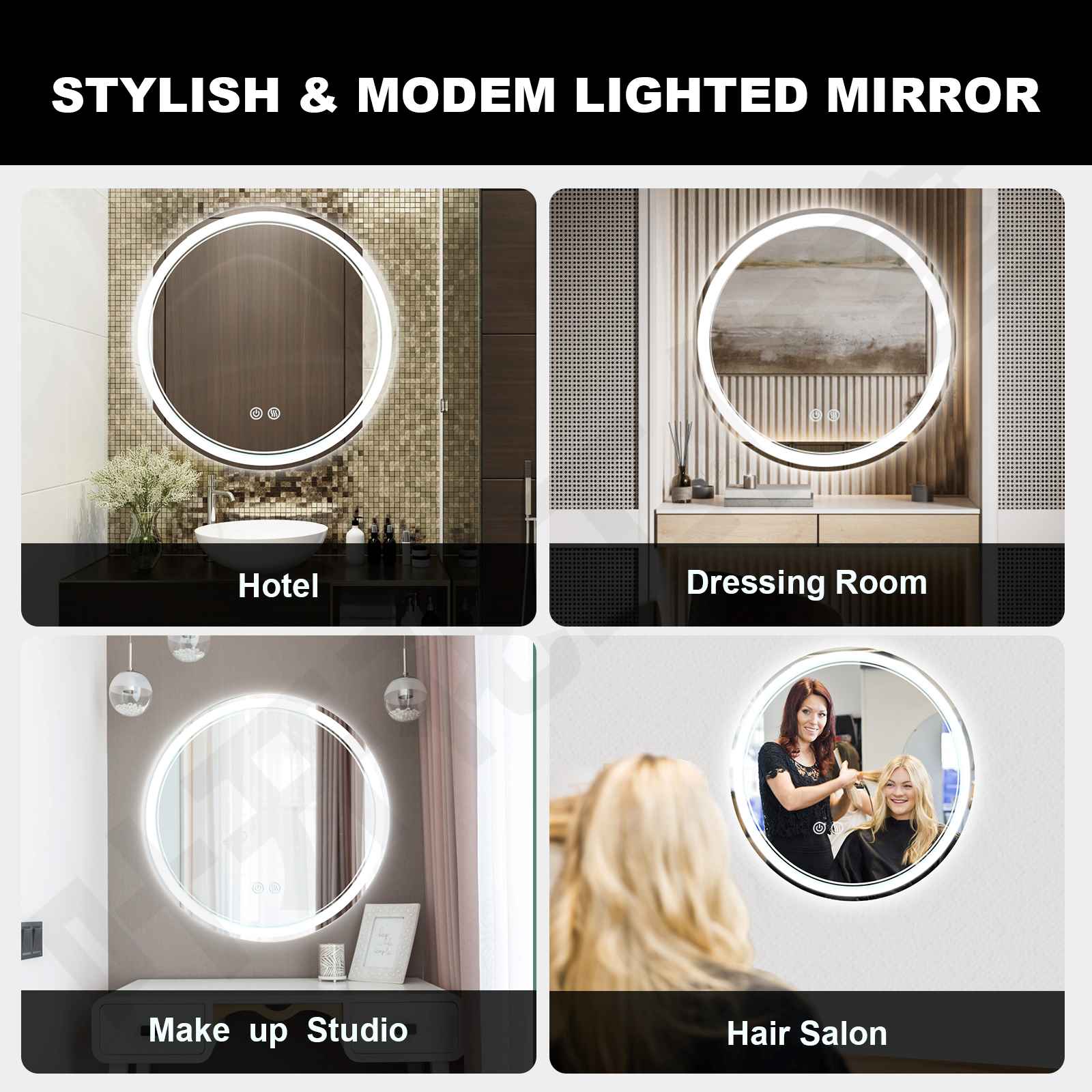 Врућа продаја Предње светло + декоративно округло ЛЕД огледало за купатило са позадинским осветљењем са више функција - 0 
